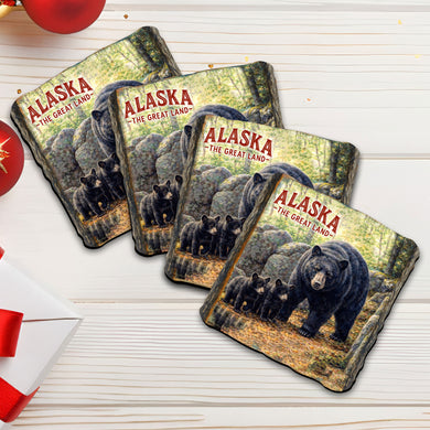 Alaska Black Bear Family Wooden Coasters – Set of 4 - Cork Backed Wildlife Coasters - 95409C-S4