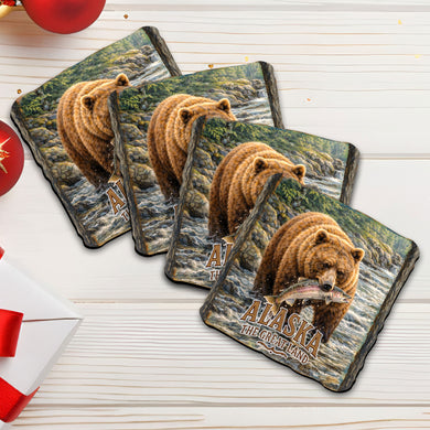 Alaska Grizzly Bear Wooden Coasters – Set of 4 - Cork Backed Wildlife Coasters - 95410C-S4