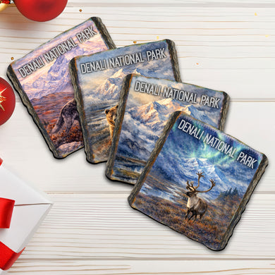 Denali National Park Wildlife Wooden Coasters – Set of 4 - Cork Backed Wildlife Coasters - 95411C-S4