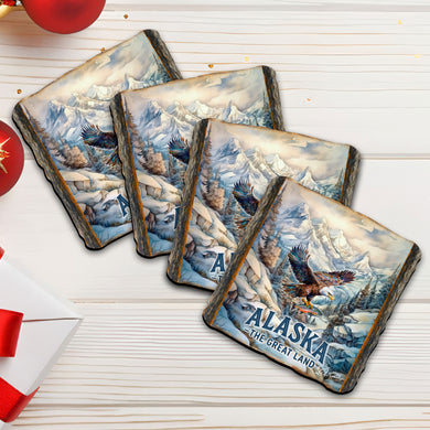 Alaska Bald Eagle Wooden Coasters Set of 4 – The Great Land Wildlife Drink Coasters - 95412C-S4