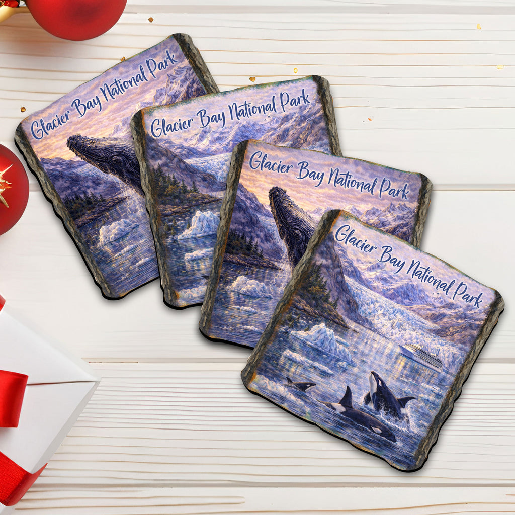 Glacier Bay National Park Wooden Coasters Set of 4 – Alaska Whale & Glacier Drink Coasters - 95414C-S4