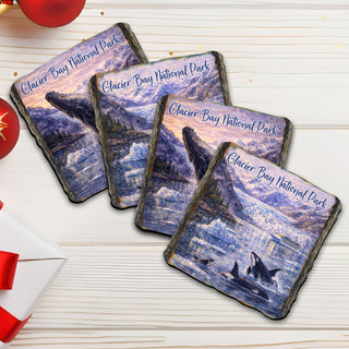 Glacier Bay National Park Wooden Coasters Set of 4 – Alaska Whale & Glacier Drink Coasters - 95414C-S4