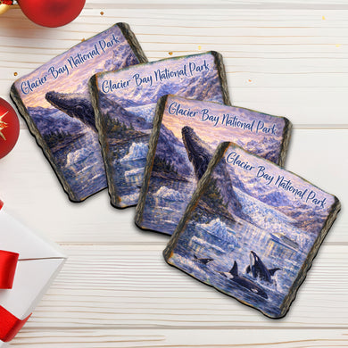 Glacier Bay National Park Wooden Coasters Set of 4 – Alaska Whale & Glacier Drink Coasters - 95414C-S4