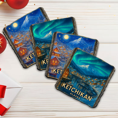 Ketchikan Alaska Wooden Coasters Set of 4 – Northern Lights & Coastal Village Drink Coasters, Made in USA – 95416C-S4