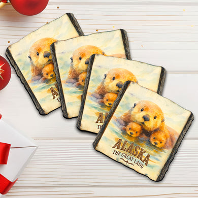 Alaska Sea Otter Family Wooden Coasters Set of 4 – The Great Land Wildlife Drink Coasters, Made in USA – 95417C-S4