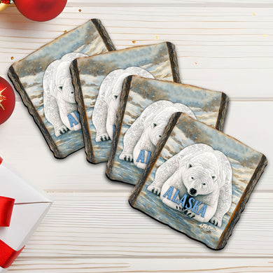 Alaska Polar Bear Wooden Coasters Set of 4 – Arctic Wildlife Souvenir Drink Coasters, Made in USA – 95419C-S4