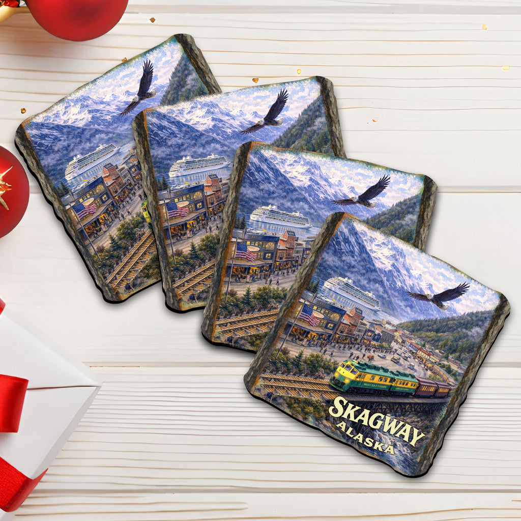 Skagway Alaska Scenic Railway Wooden Coasters Set of 4 – Cruise Port & Eagle Souvenir Drink Coasters, Made in USA – 95421C-S4