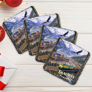 Skagway Alaska Scenic Railway Wooden Coasters Set of 4 – Cruise Port & Eagle Souvenir Drink Coasters, Made in USA – 95421C-S4
