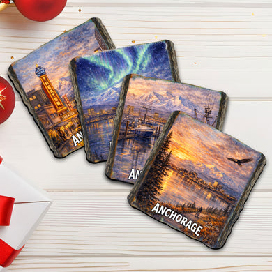 Anchorage Alaska Scenic Wooden Coasters Set of 4 – Northern Lights, Mountains & City Travel Souvenir, Made in USA – 95422C-S4