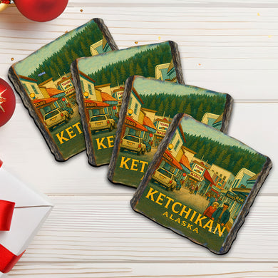 Ketchikan Alaska Downtown Wooden Coasters Set of 4 – Historic Town Travel Souvenir Drink Coasters, Made in USA – 95423C-S4