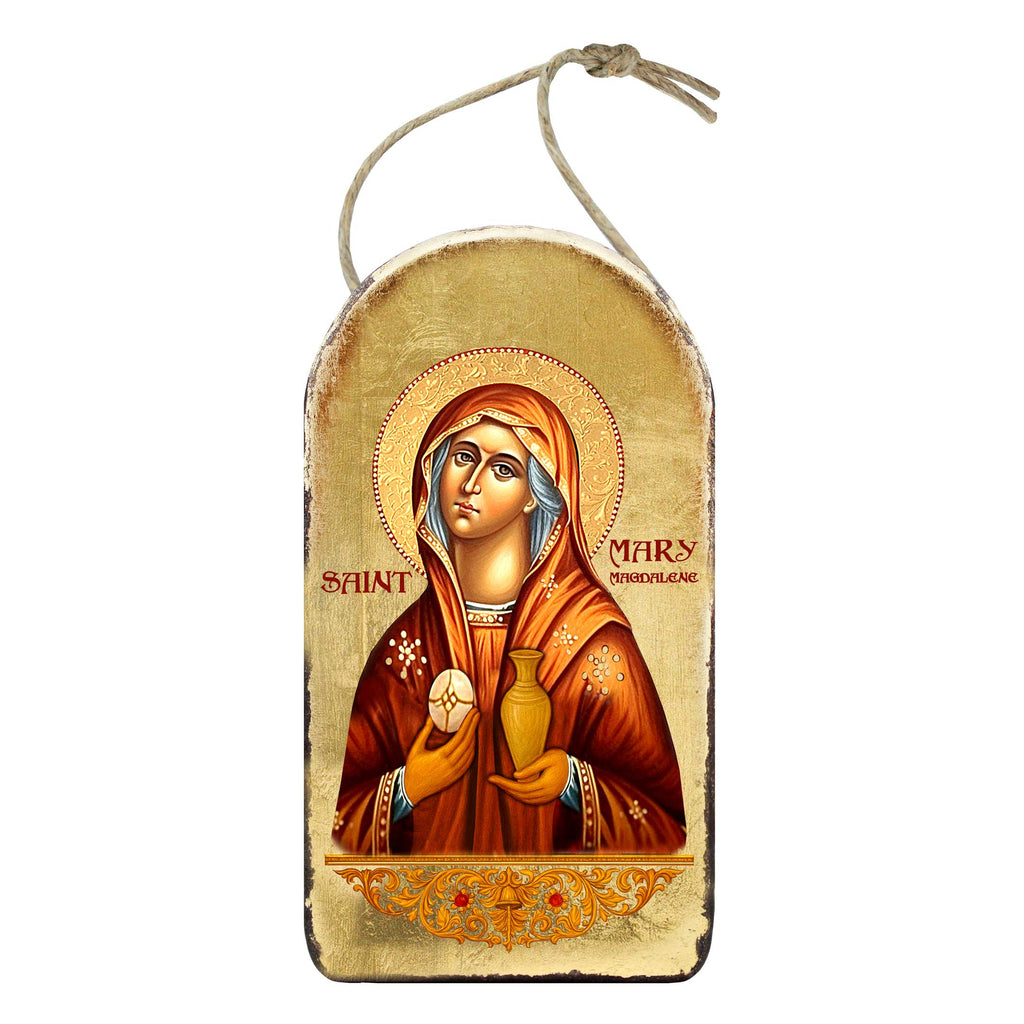 a religious icon of Saint Mary, with a golden background and a halo surrounding her head.