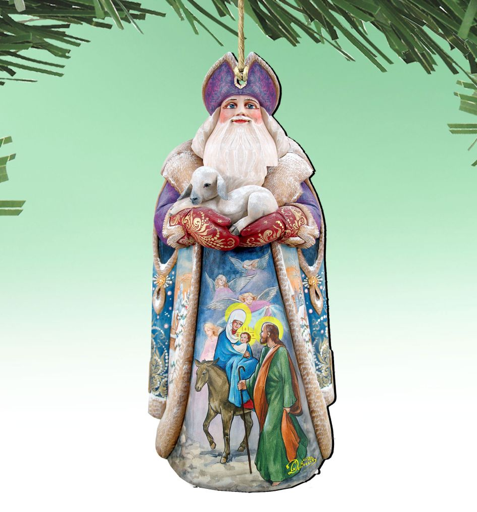 A colorful ornament depicting a saint or religious figure, with a lamb in his lap, surrounded by religious imagery and symbols.