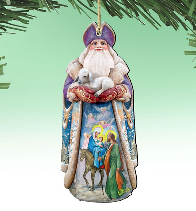 A colorful ornament depicting a saint or religious figure, with a lamb in his lap, surrounded by religious imagery and symbols.