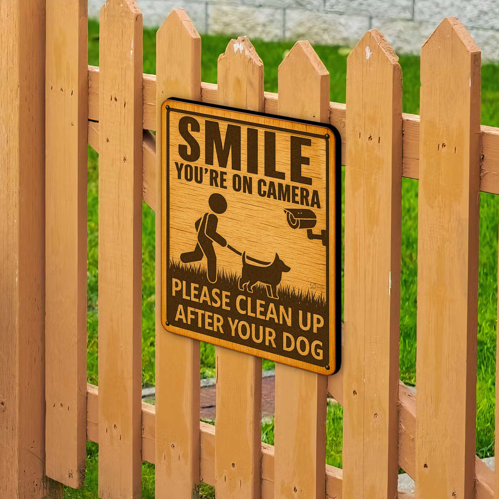 Smile You’re on Camera Wooden Sign – Clean Up After Your Dog – Handcrafted Outdoor Yard Sign by Designocracy – Rustic Pet Warning Sign - 961066