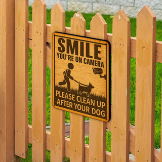 Smile You’re on Camera Wooden Sign – Clean Up After Your Dog – Handcrafted Outdoor Yard Sign by Designocracy – Rustic Pet Warning Sign - 961066