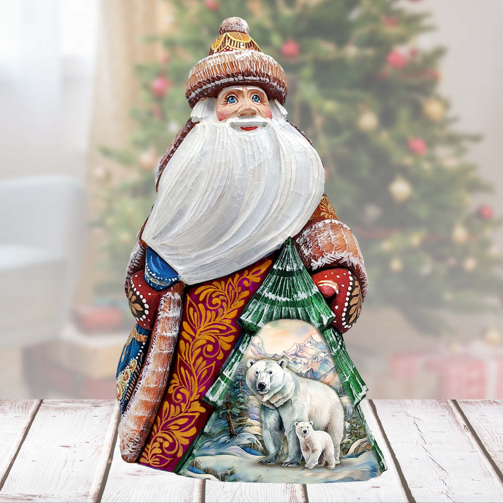 Polar Bear with Cub Santa Hand-Painted WOODCARVED Figurine by G. DeBrekht - Christmas Santa Snowman Decor - 8208016