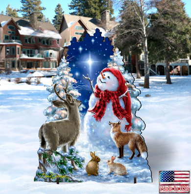 A snowman and a deer are depicted in a winter scene, with a star shining above them.