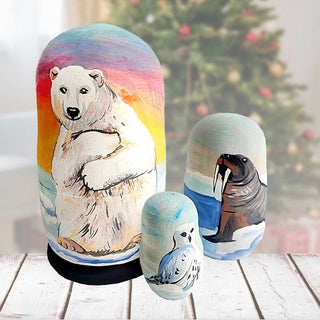 Polar Bear Matreshka Nesting Hand-Painted Doll Set of 3 by G. DeBrekht - Wildlife Holiday Decor - 14769