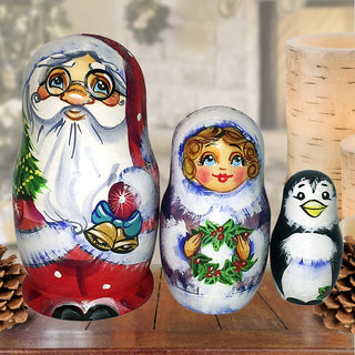 Christmas Bell Santa Family Matreshka Nesting Hand-Painted Dolls Set of 3 by G. DeBrekht - Christmas Santa Snowman Decor - 110164