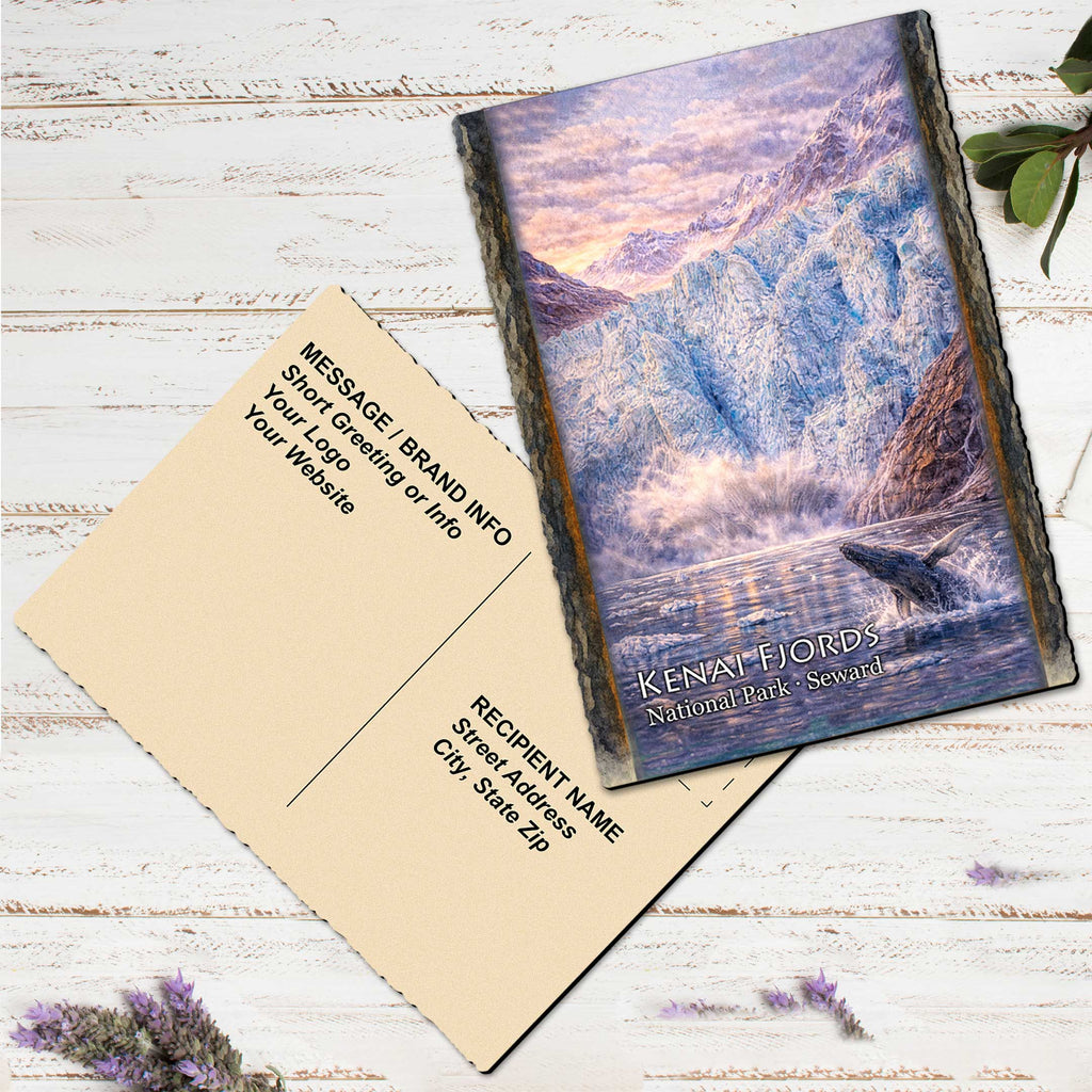a postcard with a mountain landscape and a message for Kenai Fjords Seward, along with a note for a recipient's address.
