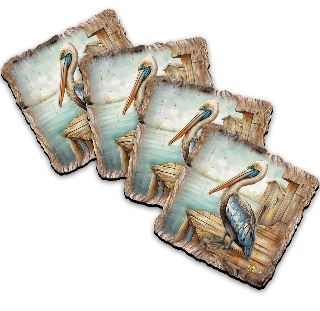 The image is a collage of four pictures depicting pelicans in various poses and settings, including one on a wooden dock and another on a wooden platform.