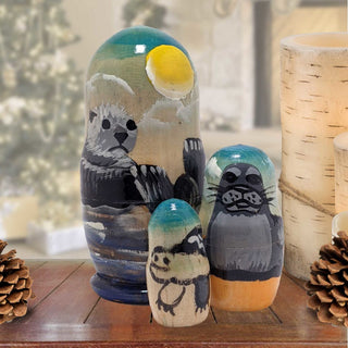 Sea Otter Matreshka Nesting Hand-Painted Doll Set of 3 by G. DeBrekht - Wildlife Holiday Decor - 14762