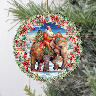 Santa on Elephant Wreath Wooden Ornaments by G. Debrekht Christmas Santa Snowman Decor - 8611043