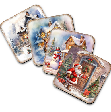a collection of four square coasters featuring winter scenes, including a snowy village, a Santa Claus figure, a snowman, and a decorated Christmas tree.