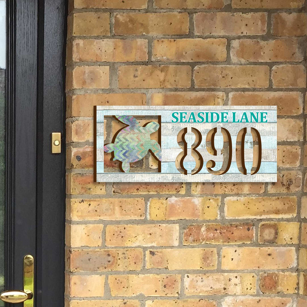 Handcrafted Sea Turtle Coastal Address Sign – Custom House Number & Street Name Plaque – Horizontal Address Plaque for Porch or Entryway MA989805-2