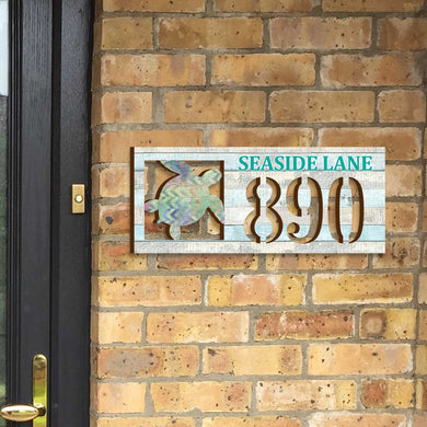 Handcrafted Sea Turtle Coastal Address Sign – Custom House Number & Street Name Plaque – Horizontal Address Plaque for Porch or Entryway MA989805-2