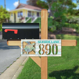 Handcrafted Sea Turtle Coastal Address Sign – Custom House Number & Street Name Plaque – Horizontal Address Plaque for Porch or Entryway MA989805-2