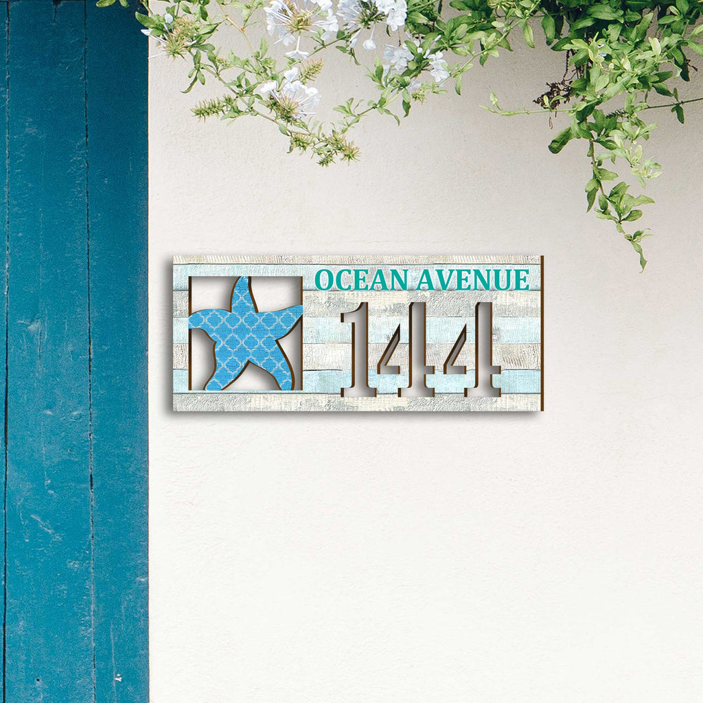 Handcrafted Coastal Starfish Address Sign – Custom House Number & Street Name Plaque – Horizontal Address Plaque for Porch or Entryway MA989806-2