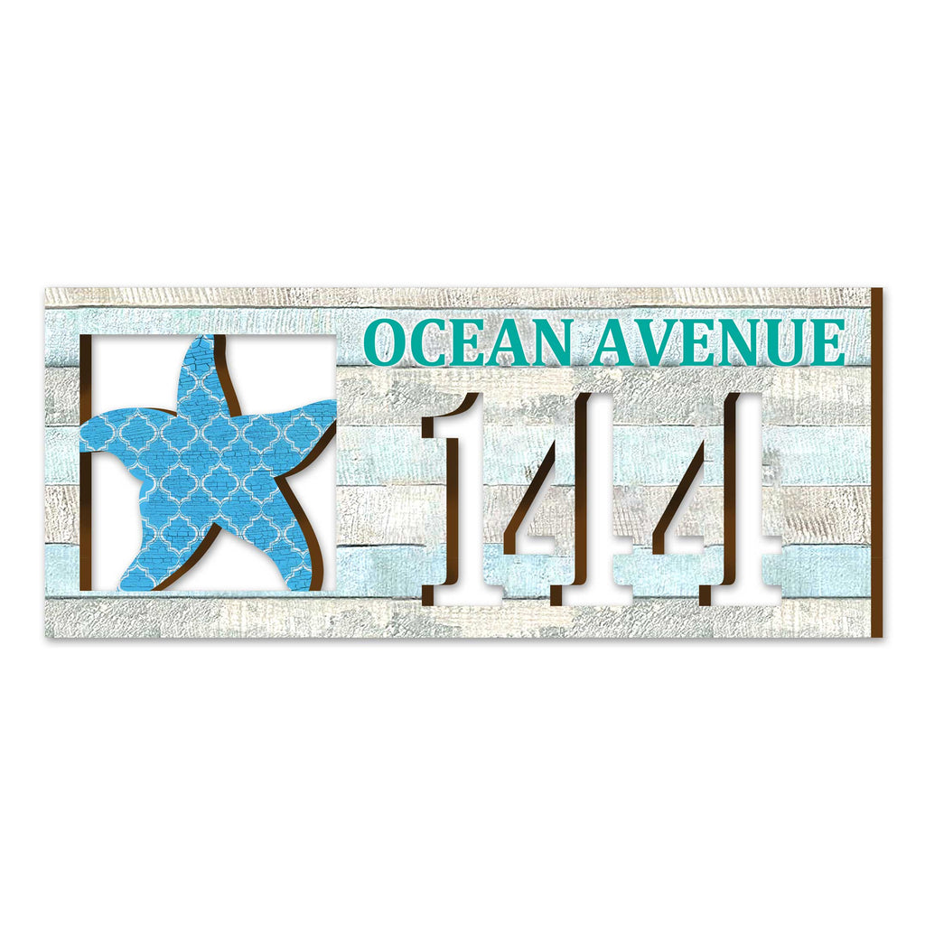 Handcrafted Coastal Starfish Address Sign – Custom House Number & Street Name Plaque – Horizontal Address Plaque for Porch or Entryway MA989806-2