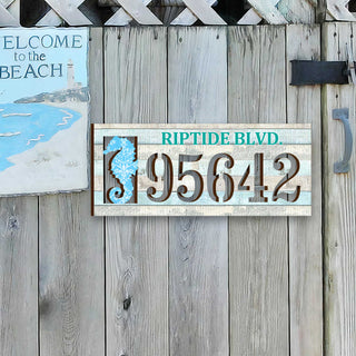 Seahorse coastal address plaque with house number 95642 and customizable RIPTIDE BLVD. street name, handcrafted by GDebrekht Artistic Studio. Perfect for coastal door decoration, nautical house numbers, beach house decor, and outdoor holiday decorations.
