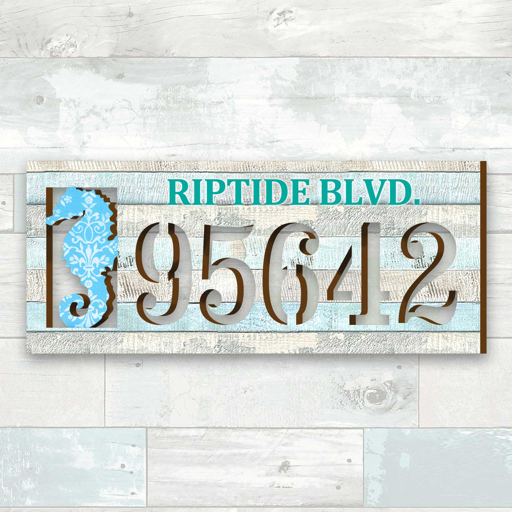 Seahorse coastal address plaque with house number 95642 and customizable RIPTIDE BLVD. street name, handcrafted by GDebrekht Artistic Studio. Perfect for coastal door decoration, nautical house numbers, beach house decor, and outdoor holiday decorations.