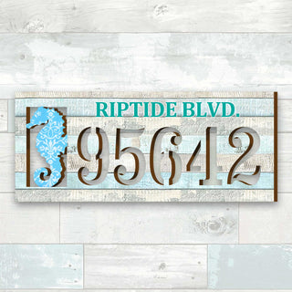 Seahorse coastal address plaque with house number 95642 and customizable RIPTIDE BLVD. street name, handcrafted by GDebrekht Artistic Studio. Perfect for coastal door decoration, nautical house numbers, beach house decor, and outdoor holiday decorations.