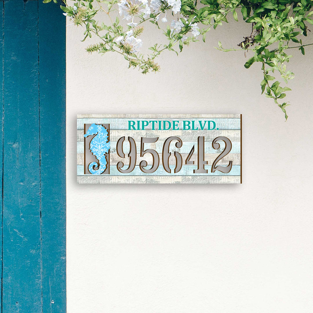 Seahorse coastal address plaque with house number 95642 and customizable RIPTIDE BLVD. street name, handcrafted by GDebrekht Artistic Studio. Perfect for coastal door decoration, nautical house numbers, beach house decor, and outdoor holiday decorations.