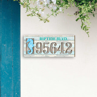 Seahorse coastal address plaque with house number 95642 and customizable RIPTIDE BLVD. street name, handcrafted by GDebrekht Artistic Studio. Perfect for coastal door decoration, nautical house numbers, beach house decor, and outdoor holiday decorations.