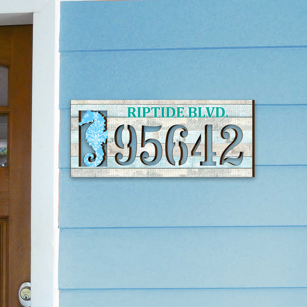 Seahorse coastal address plaque with house number 95642 and customizable RIPTIDE BLVD. street name, handcrafted by GDebrekht Artistic Studio. Perfect for coastal door decoration, nautical house numbers, beach house decor, and outdoor holiday decorations.