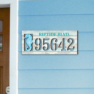 Seahorse coastal address plaque with house number 95642 and customizable RIPTIDE BLVD. street name, handcrafted by GDebrekht Artistic Studio. Perfect for coastal door decoration, nautical house numbers, beach house decor, and outdoor holiday decorations.