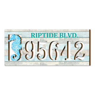 Seahorse coastal address plaque with house number 95642 and customizable RIPTIDE BLVD. street name, handcrafted by GDebrekht Artistic Studio. Perfect for coastal door decoration, nautical house numbers, beach house decor, and outdoor holiday decorations.