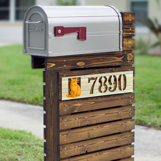 Handcrafted Orange Cat Wooden House Number Sign – Custom Address Plaque for Porch or Entryway - Custom Home Handcrafted Wooden Address Sign MA989826