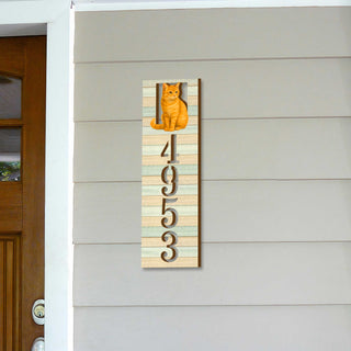 Handcrafted Orange Cat Wooden House Number Sign – Custom Address Plaque for Porch or Entryway - Custom Home Handcrafted Wooden Address Sign MA989826