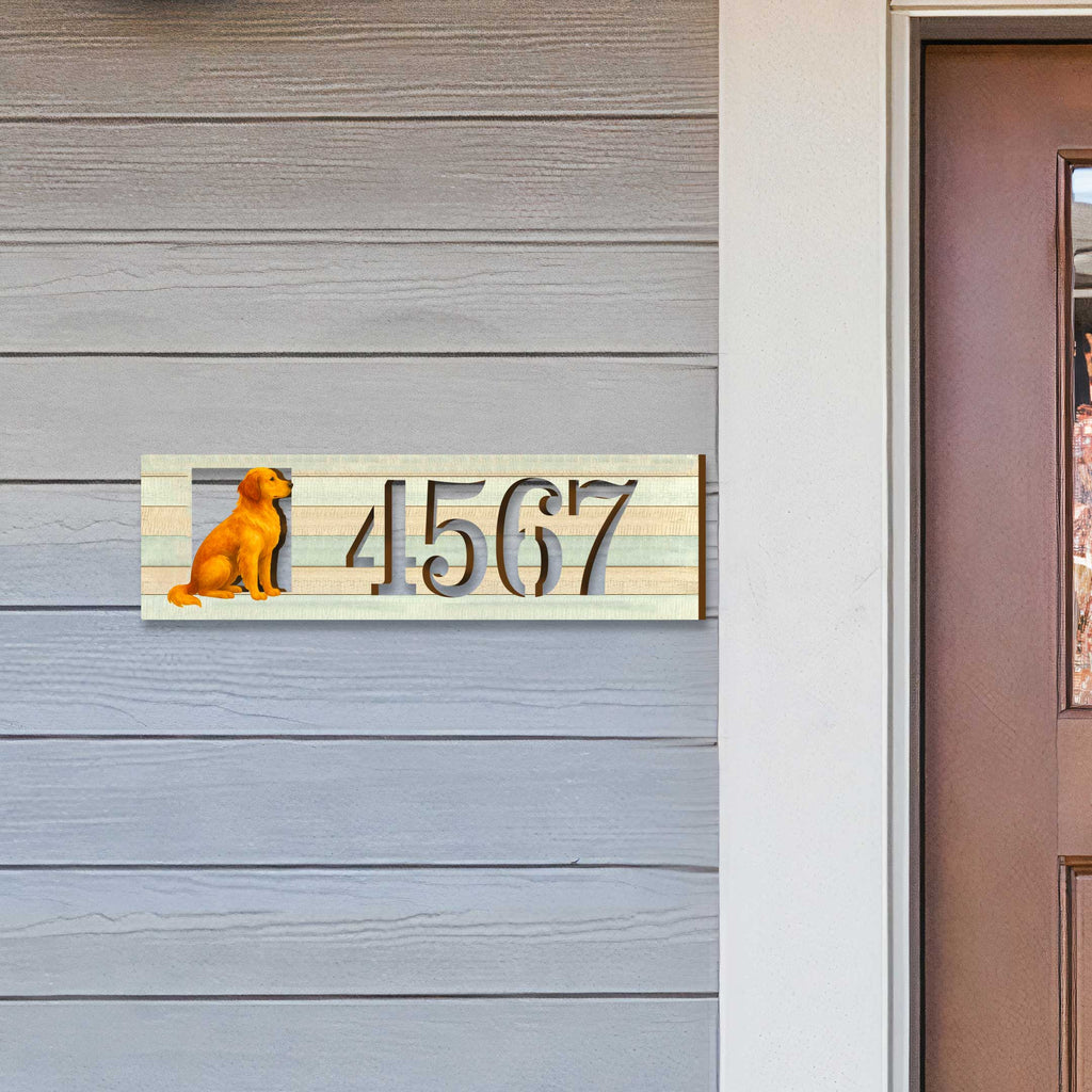 Handcrafted Golden Dog House Number Sign – Custom Home Handcrafted Wooden Address Sign MA989827
