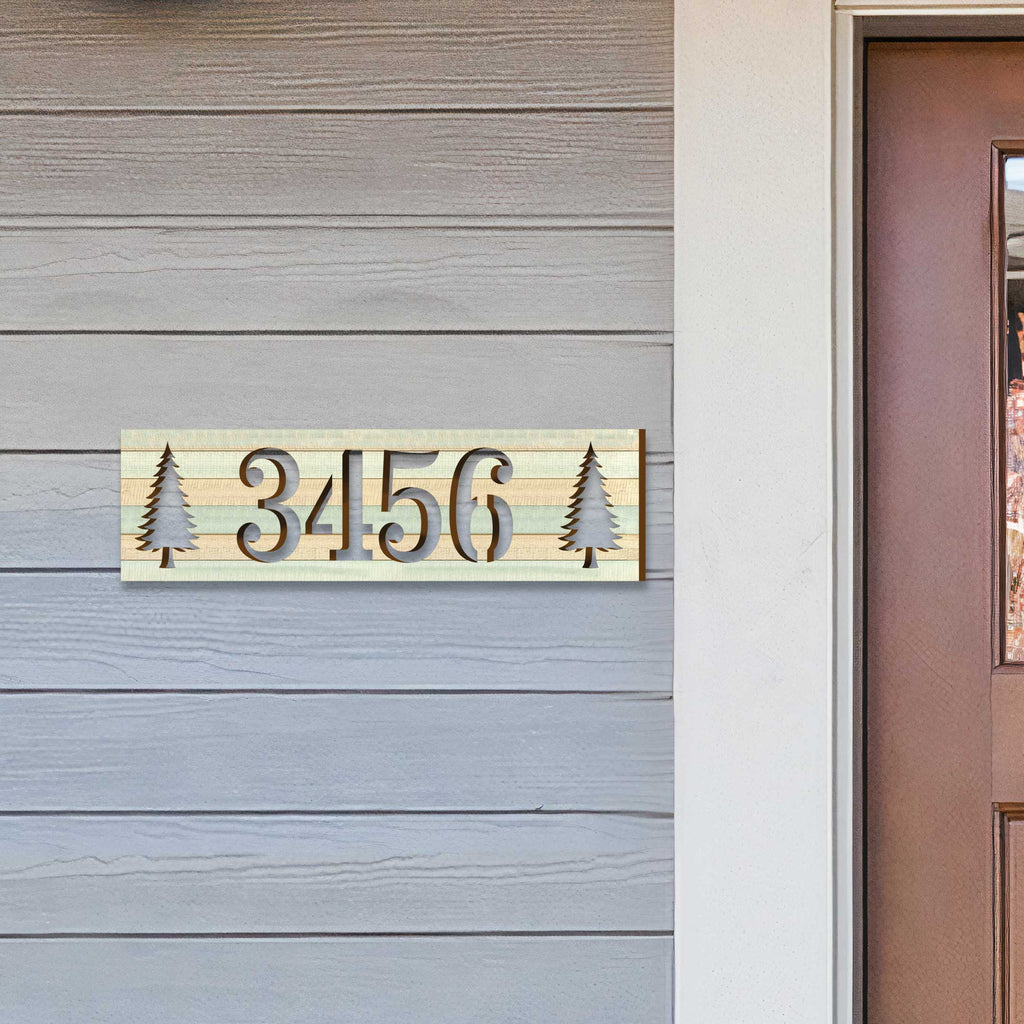 Handcrafted Horizontal House Number Sign with Pine Trees – Rustic Outdoor Address Plaque – Custom Home Handcrafted Wooden Address Sign MA989829