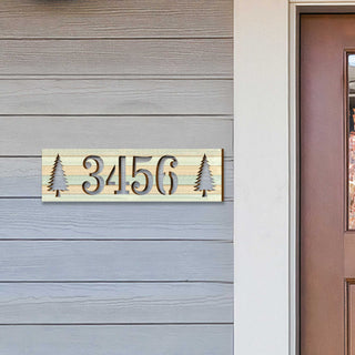 Handcrafted Horizontal House Number Sign with Pine Trees – Rustic Outdoor Address Plaque – Custom Home Handcrafted Wooden Address Sign MA989829