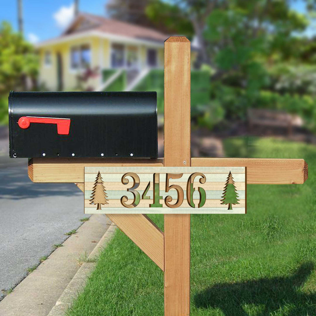 Handcrafted Horizontal House Number Sign with Pine Trees – Rustic Outdoor Address Plaque – Custom Home Handcrafted Wooden Address Sign MA989829