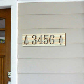 Handcrafted Horizontal House Number Sign with Pine Trees – Rustic Outdoor Address Plaque – Custom Home Handcrafted Wooden Address Sign MA989829