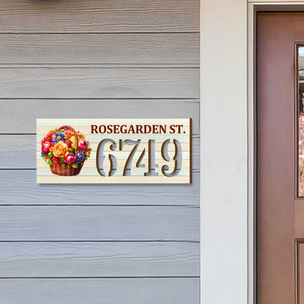 Floral basket address plaque with ROSEGARDEN ST. and house number 6749, customizable street name option, handcrafted by GDebrekht Artistic Studio. Perfect for holiday door decorations, welcome signs for home, and outdoor wall decor.