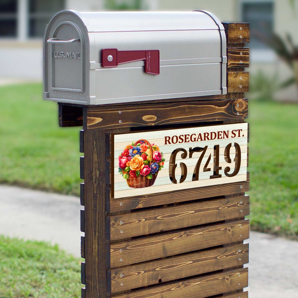 Floral basket address plaque with ROSEGARDEN ST. and house number 6749, customizable street name option, handcrafted by GDebrekht Artistic Studio. Perfect for holiday door decorations, welcome signs for home, and outdoor wall decor.